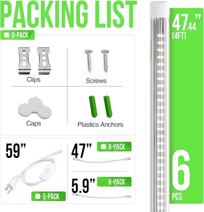 6 Pack Dimmable 4FT Led Shop Lights,30W 3900LM 3000-6500K Tunable,T8 Led Commercial Bay Light,High Output,Plug and Play,V-Shape Linkable Lights for Warehouse,Basement,Barn