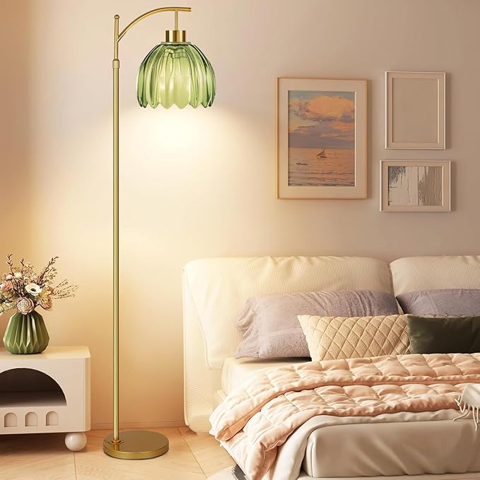 Green Floor Lamp for Living Room,Bedroom,Gold Dimmable Standing Lamp with Remote,Mid Century Modern Brass Tall Lamp Boho Floor Lamps Arc Stained Glass Flower Light Bohemian