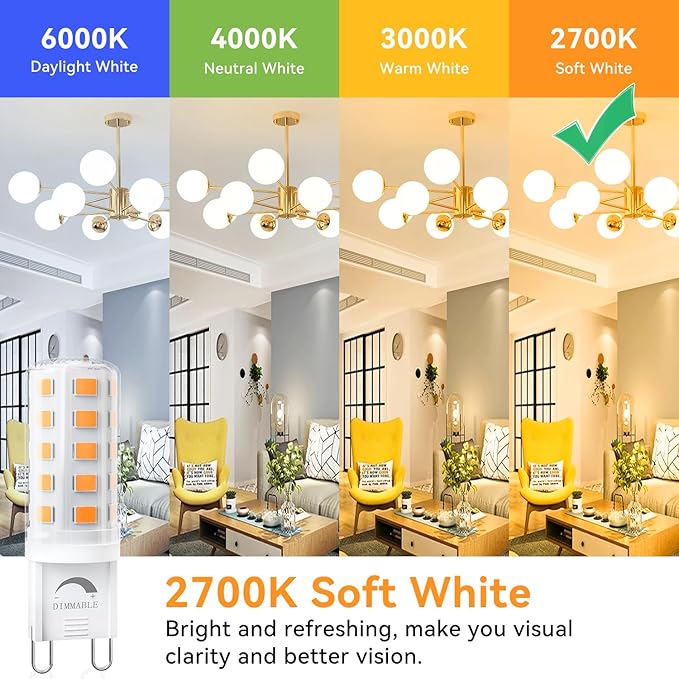 TJOY Dimmable G9 LED Bulb 4W Equivalent 40 Watt, 2700K Soft Warm White, T4 G9 Bi-pin Base Halogen Replacement, G 9 Socket Light Bulb for Chandelier Wall Sconce, 120V No Flicker, 450LM, 6 Pack