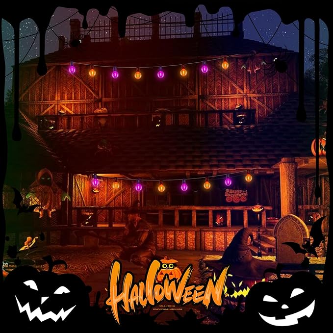 25FT G40 LED Outdoor Halloween String Lights, Orange and Purple Halloween Decorations Lights with 27 Shatterproof Globe Bulbs(2 Spare), Hanging Patio Lights for Holiday Balcony Backyard Party Garden