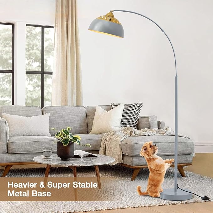 Arc Floor Lamps for Living Room, 71" Standing Lamp with Adjustable Lamp Head, Silver Metal Tall Lamps with Foot Switch, Arched Reading Light for Bedroom, 9W Adjustable Temperatures Bulb Included