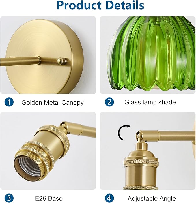 Vintage Wall Sconce 1 Pack, Green Glass Shade Gold Wall Lamp with 12 Inch Cable Switch, Modern Bathroom Wall Sconces for Bedroom Corner Hallway