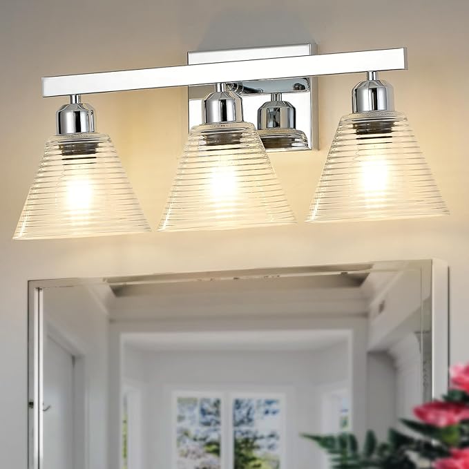 3-Light Modern Bathroom Vanity Lights, Nickel Bathroom Light Fixtures with Clear Glass Shade, Farmhouse Wall Sconces for Mirror Kitchen Bedroom Living Room