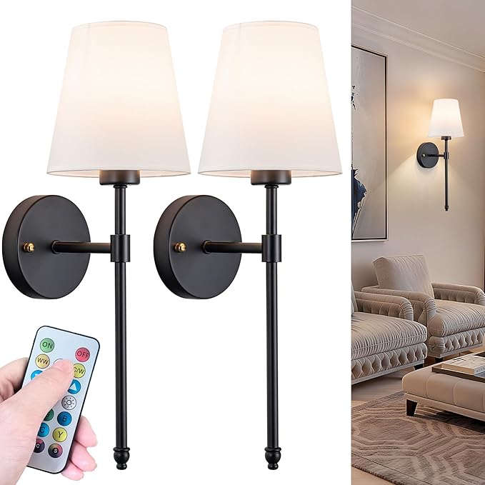 Battery Operated Wall Sconce: Wireless Wall Lights with Magnetic LED Battery Bulb, Easy to Eject Charge, Renter Friendly Wall Lamp for Bedroom Living Room Wall Decor(Black)