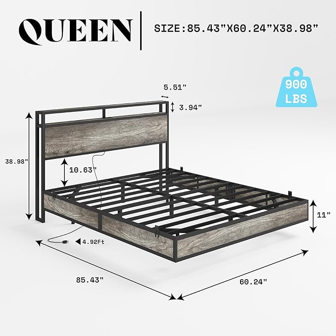 AMERLIFE Queen Size Floating Bed Frame with 2-Tier Storage Headboard, Metal Bed Frame with Charging Station & LED Lights, No Box Spring Needed, Rustic Grey
