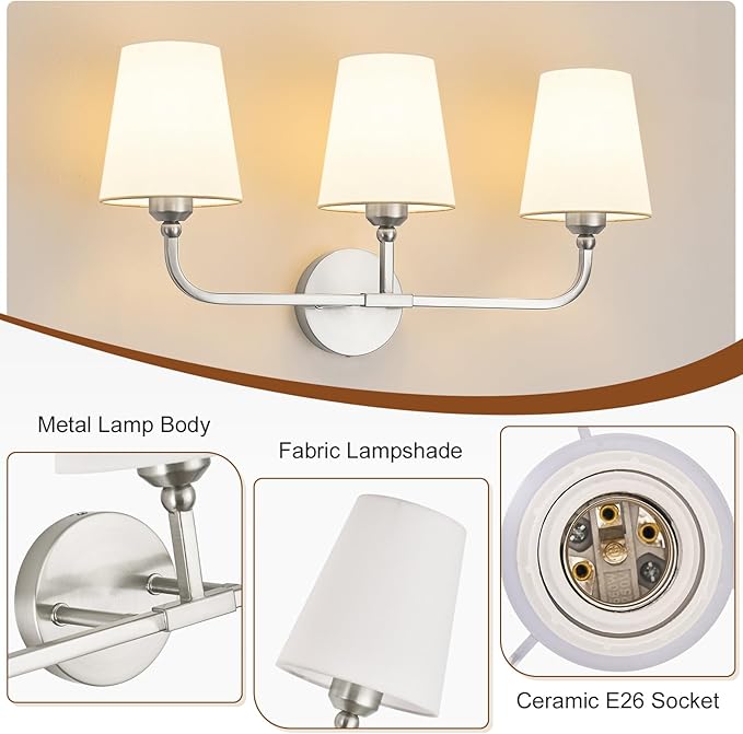 Brushed Nickel Bathroom Light Fixtures,3-Light Vanity Lights,Bathroom Lighting Fixtures Over Mirror with Flared White Fabric Shade,Modern Wall Sconce for Mirror Hallway Bedroom Living Room(ETL Listed)