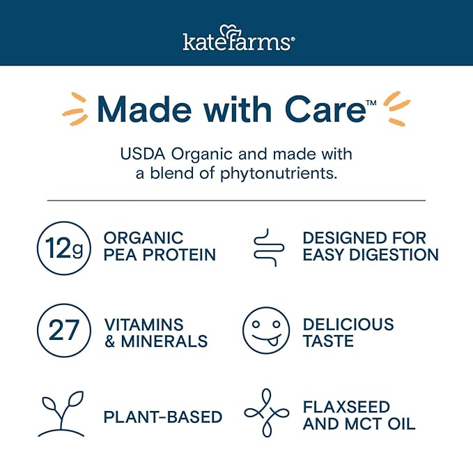 KATE FARMS Organic Pediatric 1.2 High Calorie Vanilla Nutrition Shake, 12g Protein, 27 Vitamins and Minerals, Meal Replacement, 8.45 oz (6 pack)