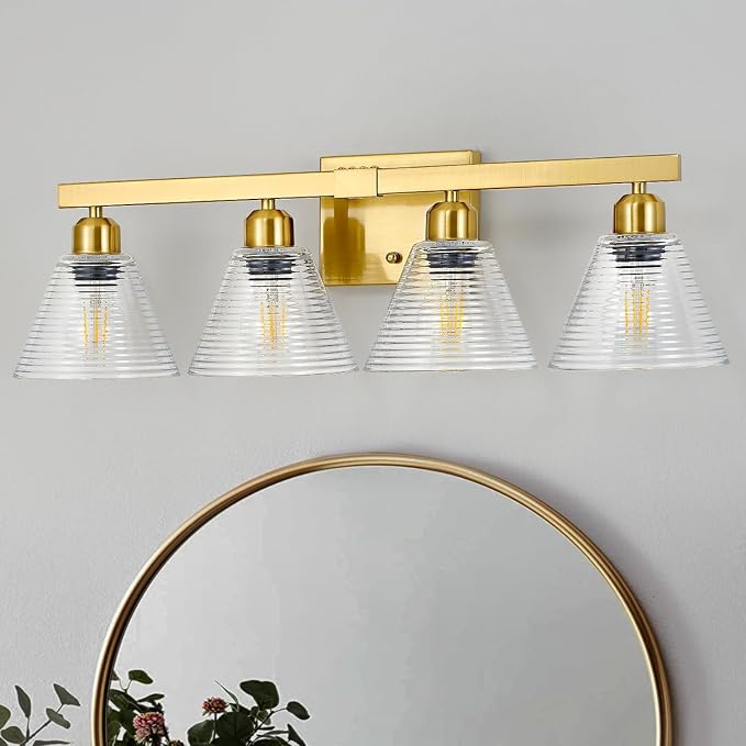 4-Light Modern Bathroom Light Fixtures, Gold Bathroom Vanity Lights with Clear Glass Shade, Farmhouse Wall Sconces for Mirror Kitchen Bedroom Living Room