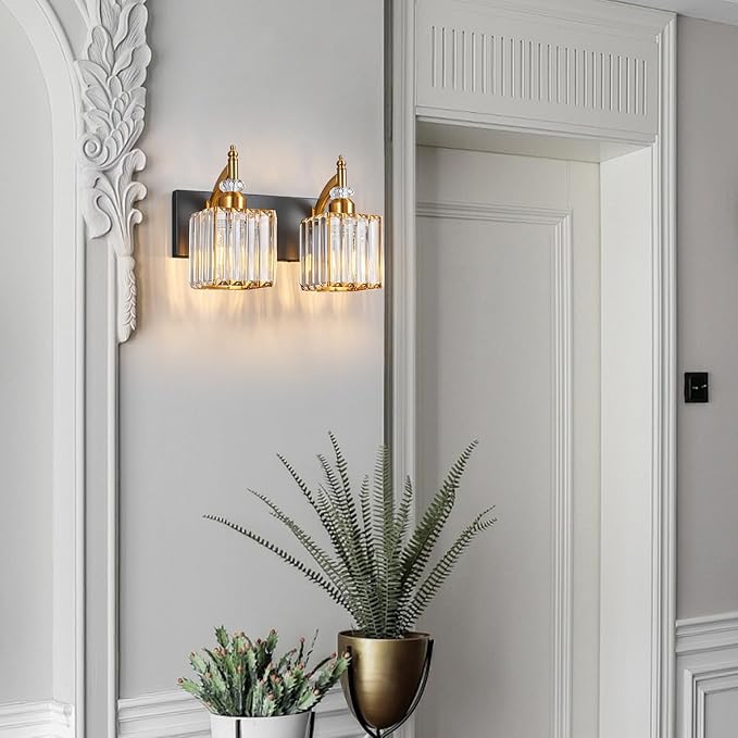 Modern Bathroom Vanity Light 2-Light Black and Gold Crystal Light Fixtures Over Mirror for Bathroom Wall Sconce