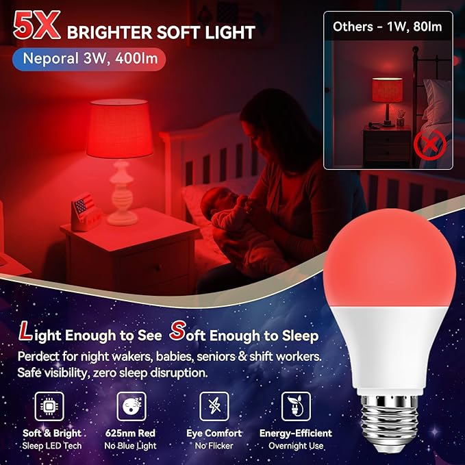 Neporal 625nm Red Light Bulbs for Sleep 3W, 100% Blue Light Blocking Light Bulbs for Melatonin Promoting, A19 LED 40W Equivalent Dim Red Night Light Bulb for Baby Nursery, Sleeping, Reading, 3-Pack