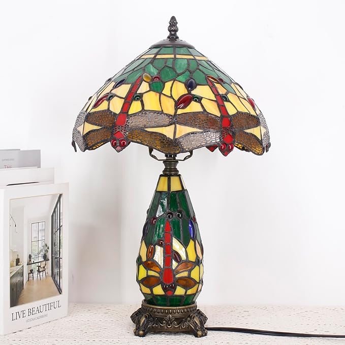 Tiffany Lamp Stained Glass Table Lamp 12X19 Inches Mother Daughter Vase Desk Accent Night Light for Bedroom Bedside Reading Home Antique Style(Green Yellow)