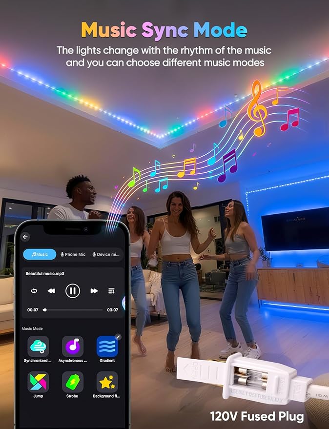 131FT Outdoor LED Strip Lights RGB+IC with Warm&Cool White, 120V Pixel Control Light String Music Sync, Waterproof and Connectable, for New Year Party Festival Eave Porch Patio Home Decor, ETL Listed