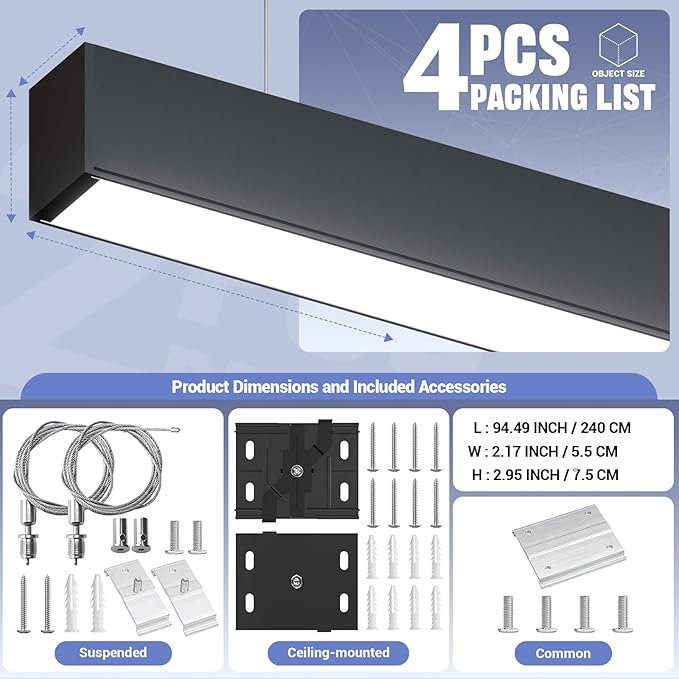 8FT LED Linear Light,100/90/80/70/60W Up and Down Light, 3000/4000/5000K CCT,Commercial And Residential Linear Lights Fixture for Office,Pendant Lights for Home,Shop,Garage,Basement,School-4Pack