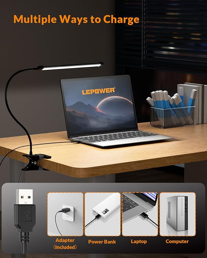 LEPOWER Led Clip on Light, 5W Reading Lights for Books in Bed with Gooseneck, Adjustable Color Temperature Clip Lamp, Ideal for Bedtime Reading and Piano Light, Metal, Black