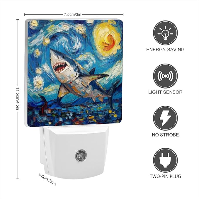 LED Night Lights Plug into Wall,Starry Night Swimming Great White Shark Decorative Night Lights Plug into Wall with Auto Light Sensor for Boys Girls Bedroom Decorative Nightlight Led Lamp