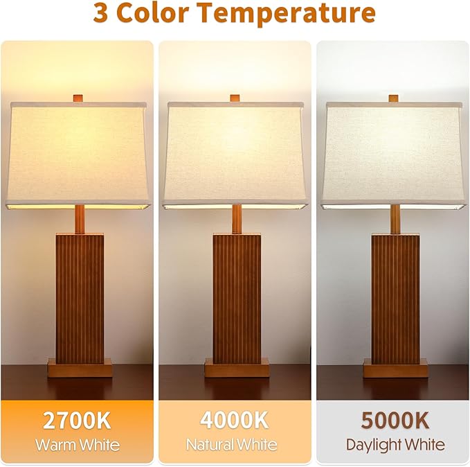 27.5" Wood Table Lamps Set of 2, Modern Farmhouse Bedroom Lamp for Nightstand with USB Charging Port, Natural Wooden Base Table Lamp for Living Room Bedroom, Bulbs Included (Walnut Wood)