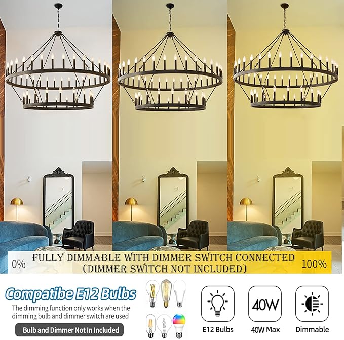 2 Tier Large Black Wagon Wheel Chandelier Farmhouse Industrial Chandelier Rustic Pendant Light Fixture Extra Large Wheel Chandeliers for high Ceilings (Black, 60 Inch 2 Tier 54-Lights)