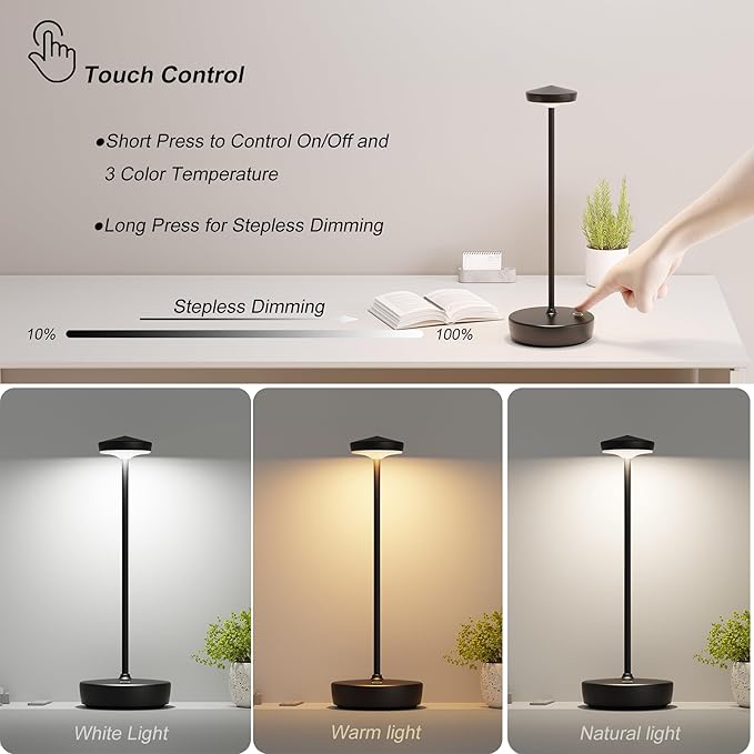 1 Pack Cordless Table Lamp Rechargeable - LED Battery Table Light with 3 Color Temperatures, Stepless Dimming, Waterproof Aluminum for Indoor Outdoor, Patio, Restaurant, Dinner (Black)