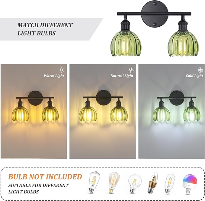 Bathroom Light Fixtures, 2-Light Black Vanity Wall Light Over Mirror with Green Tulip Glass Shade for Bedroom Living Room (Bulb Not Included)