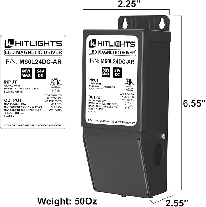HitLights Dimmable LED Driver Transformer 24V 60W, Magnetic Power Supply 120VAC to 24VDC, Compatible with Lutron and Leviton Dimmers, for LED Strip Lights, Kitchen, Cabinet, Class 2, ETL Listed