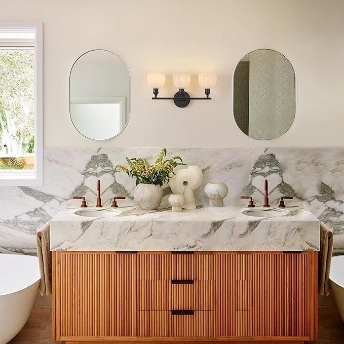 Bathroom Light Fixtures, 3-Light Black Vanity Wall Light Over Mirror with White Tulip Glass Shade for Bedroom Living Room (Bulb Not Included)