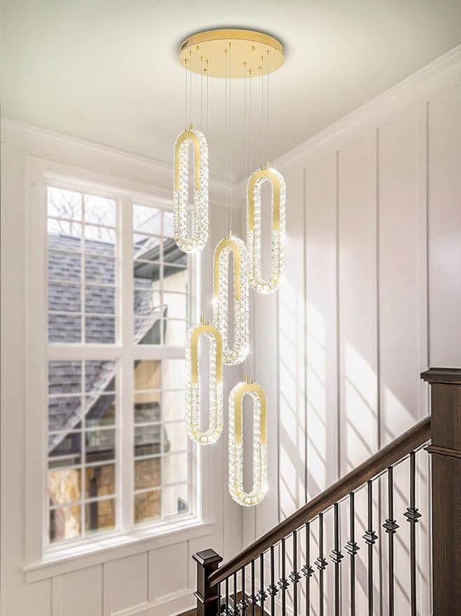 5-Lights Modern Crystal Chandelier for High Ceiling LED Dimmable Ring Pendant Chandeliers Stairwell Chandelier Lighting Gold