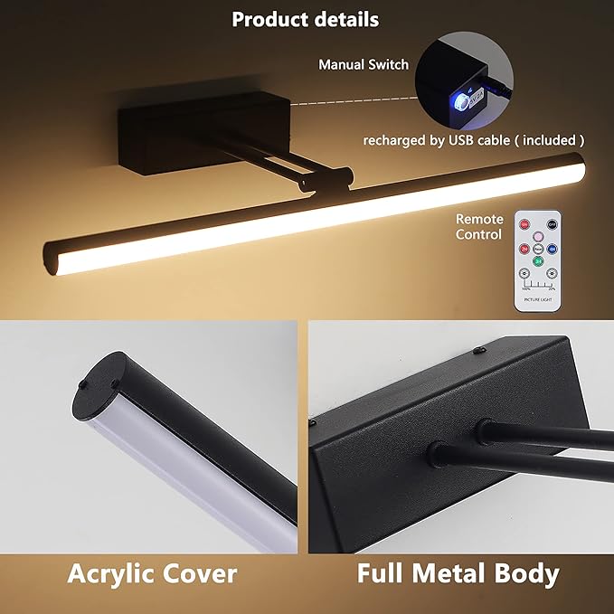 Black Picture Light, Battery Operated Painting Lighting with Remote,16 inch Led Art Lamp, Wirelless Wall Lamp,Rechargeable Picture Frame Light,Cordless Gallery Light