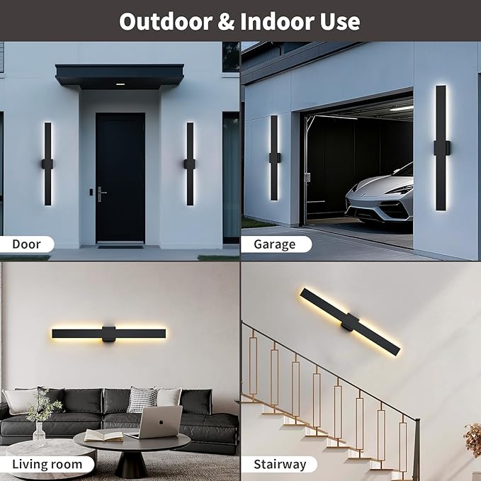 2 Pack LED Modern Outdoor Wall Lights Dimmable 3-Color Temperature 23.6in Exterior Lighting Fixtures IP65 Waterproof Outside Lights for House Hallway Garage Patio