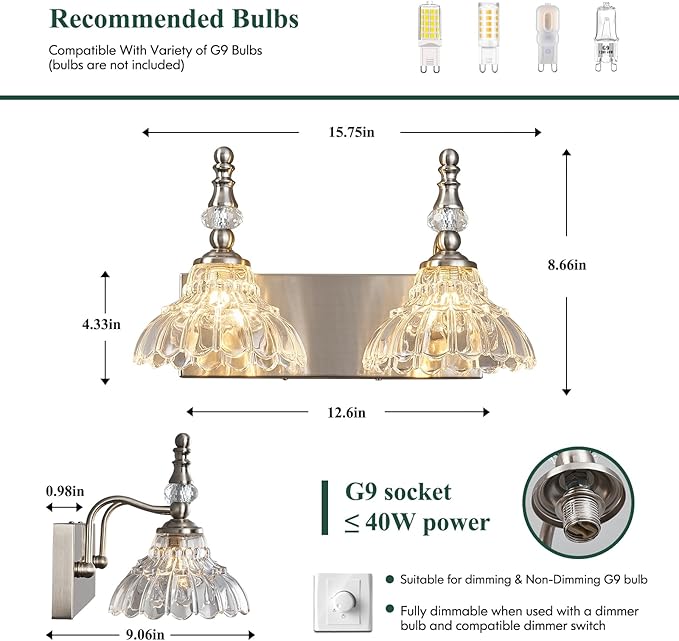 Vintage Bathroom Vanity Light, 2-Light Brushed Nickel Vanity Lighting Fixture with Flower Glass Shade, Bathroom Lighting Fixtures Over Mirror
