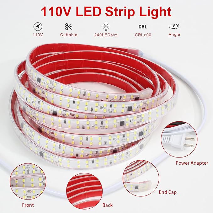 16.4FT LED Strip Light AC 110V-120V LED Rope Lights Outdoor Waterproof IP65 6000K Cold White 240LEDs/m Flexible Adhesive LED Tape Lights with Switch for Bedroom Cabinet Lighting