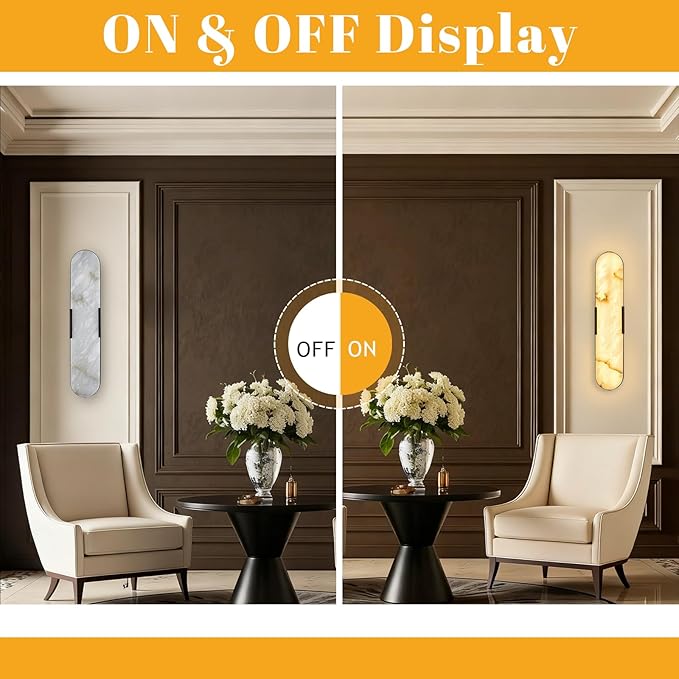 2 Pack Alabaster Wall Sconces 20" Black Modern Vanity Wall Lights with Spanish Natural Marble Lampshade 3000K LED Alabaster Wall Lighting for Hallway Bathroom Bedroom Living Room