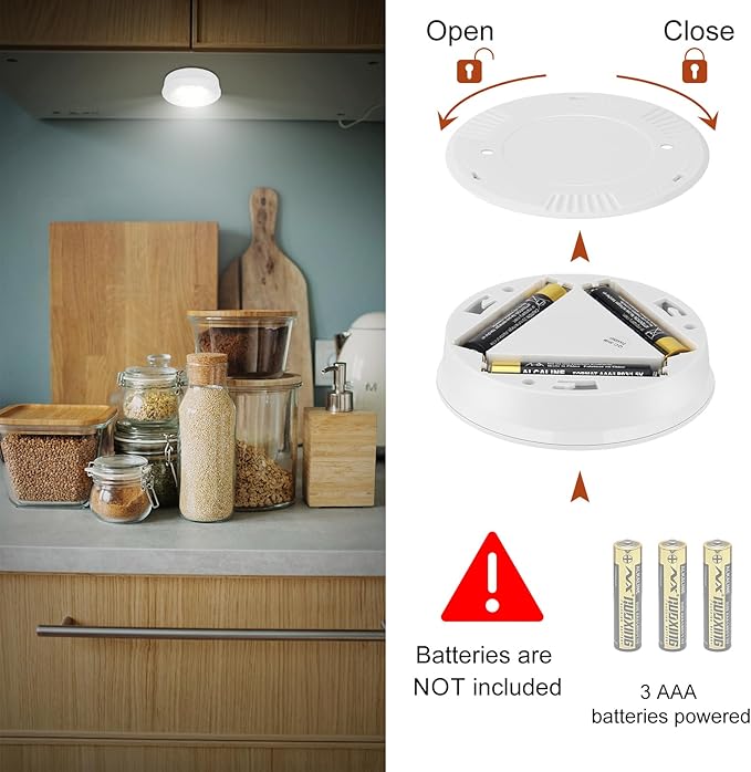 LUXSWAY Puck Lights, LED Tap Light Battery Operated, Stick On, Mini Night Touch Light, Under Cabinet and Counter Lights for Shelf and Kitchen Sink, 6-Pack, White