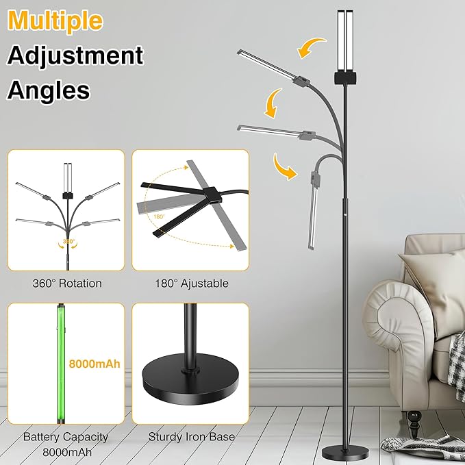 Cordless Rechargeable Floor Lamp, Adjustable Bright Reading Lamps Floor Standing, 15W Dual Head Gooseneck LED Bright Floor Lamp for Dark Rooms with 8000mAh Battery， IP54 Home Lighting