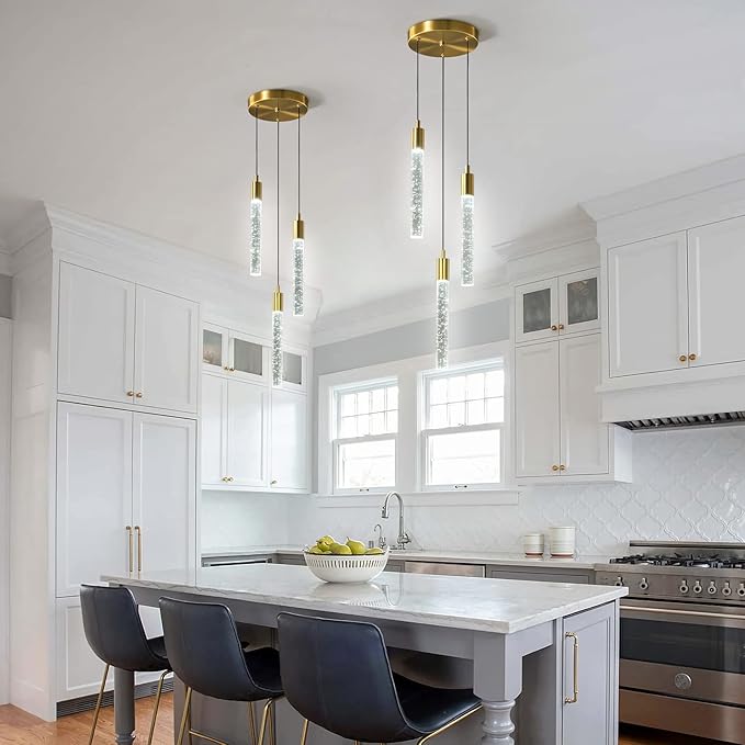 Modern Light Fixture Kitchen Island Pendant Light Dimmable LED Gold Pendant Lights Mini Crystal Pendant Lighting for Bedroom Dining Room Living Room（3-Light ）