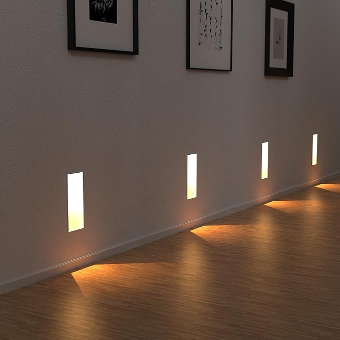 Trimless Recessed Step Lights 4 Pack, 2W 3000K Warm White Wall Light, Indoor Rectangle Skirting Board Lighting, Invisible Stair Lights for Hallway, Bedroom, Staircase (No Dimming)