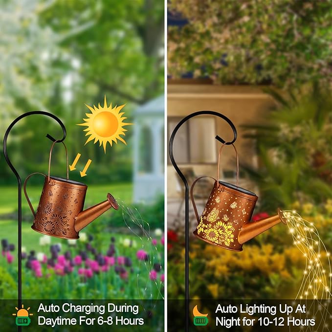 Solar Watering Can Light, Solar Powered Hanging Lantern Landscape Lights, Decorative Garden for Yard Waterproof Garden Decor, Gifts for Mom, Grandma（Sunflower + Butterfly）