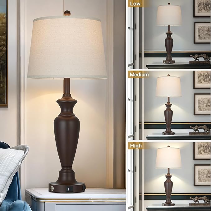 30" Tall Metal Table Lamps Set of 2, Touch Control Bedside Lamps for Bedroom Nightstand, 3-Way Dimmable Farmhouse Lamp for Living Room with Charging Ports, Brown (2 LED Bulbs Included)