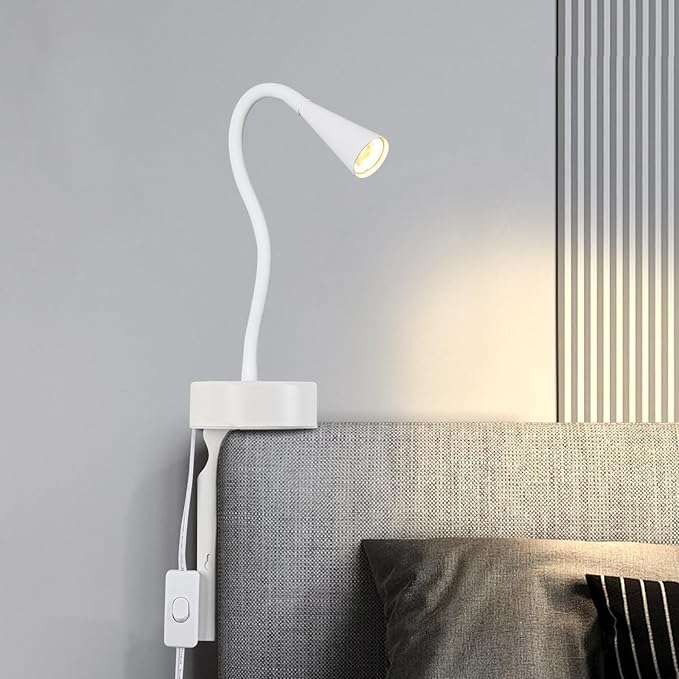 White Headboard Reading Light, No Drilling Wall Mounted Reading Lights for Bedside, Book Light for Bedtime Reading, Buttonless Dimmable Reading Lamp, Movable Gooseneck Reading Sconces for Bedroom