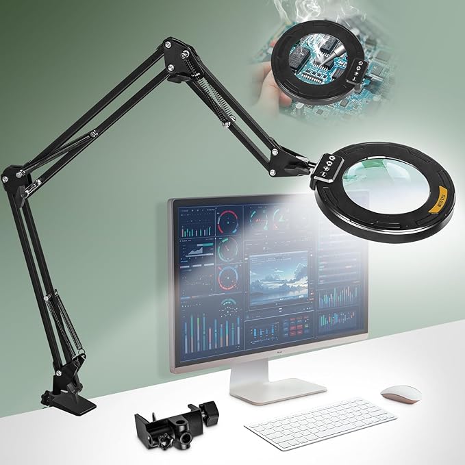 Ultra Long 3-Section Swing Arm 12X Magnifying Glass with Light and Stand, 4-way Large Strong Metal Clamp Lighted Magnifier Lamp, 5 Color Modes LED Magnifying Lamp for Workbench, Crafting, Hobby