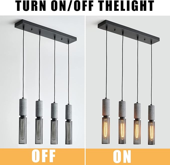 4-Light Concrete Linear Pendant Light with a Metal Mesh Shade,Modern Industrial Hanging Cement Pendant Lighting for Kitchen Island Bedroom Living Room Dining Room Light Fixture