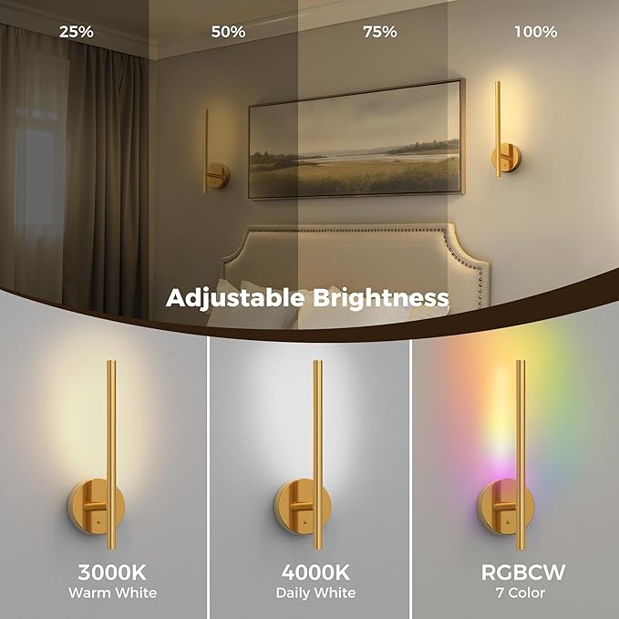 L LOHAS LED Battery Operated Wall Sconces & Table Lamp Set of 2, 10000mAh Rechargeable Battery Wall Light with App Control, 3CCT Dimmable & DIY RGB, No Wiring Modern Sconce Wall Decor, Gold