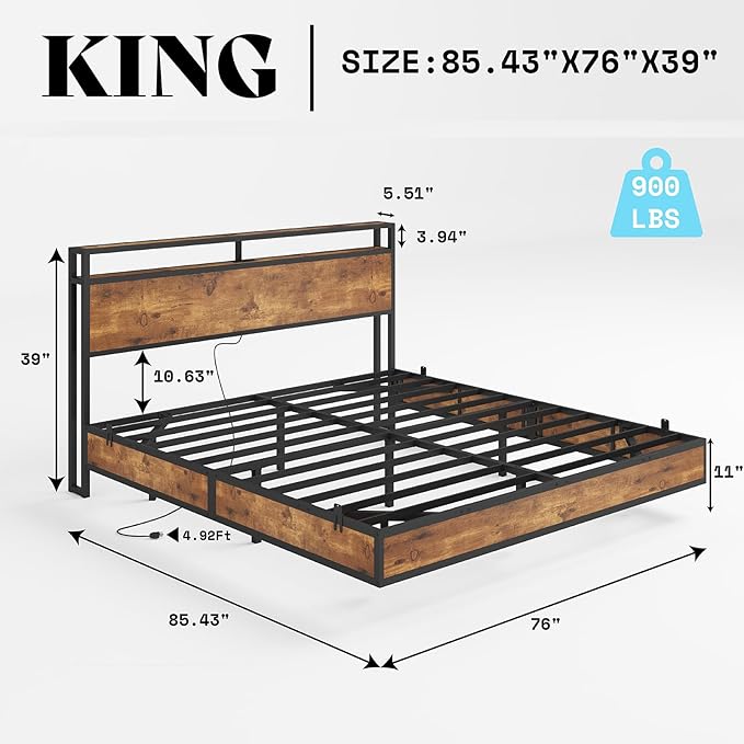 AMERLIFE King Size Floating Bed Frame with 2-Tier Storage Headboard, Metal Bed Frame with Charging Station & LED Lights, No Box Spring Needed, Rustic Brown