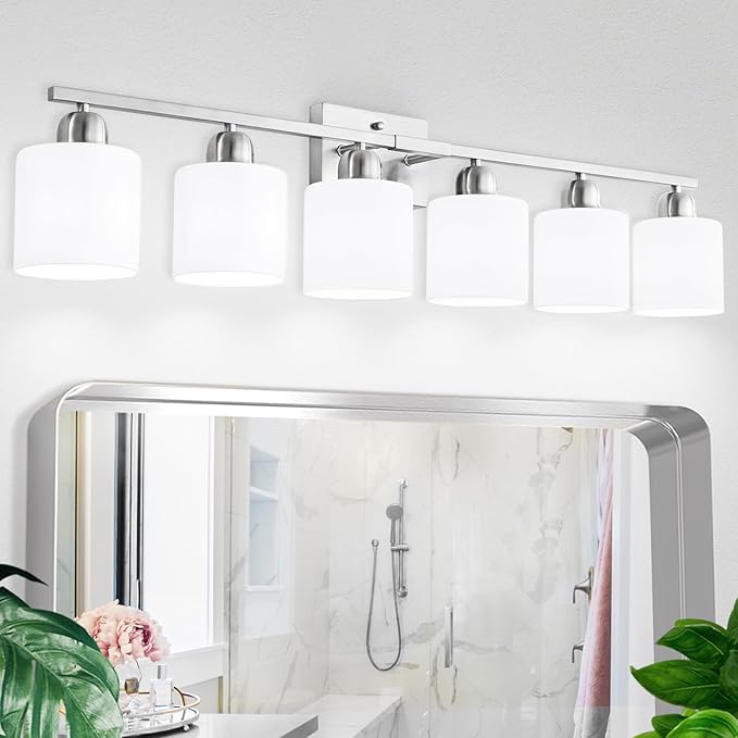 Brushed Nickel Vanity Light for Large Mirror, 6 Light Bathroom Lighting Fixtures Over Mirror with Milky White Frosted Glass Shades, 38 inch Bathroom Light for Mirrors, E26 Socket