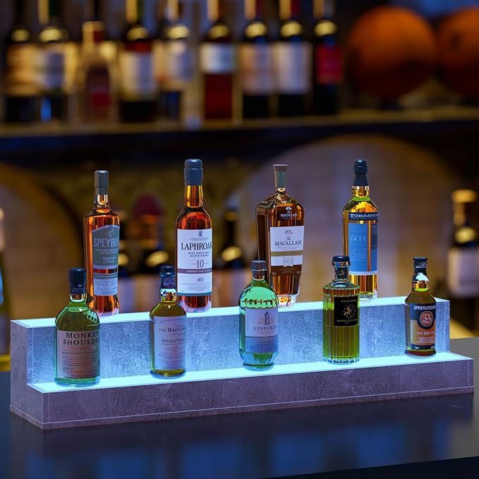 LED Lighted Liquor Bottle Display Shelf, 38 Inch Bar Display Shelf, DIY Illuminated Bottle Shelf with App & Remote Control, 2 Step Freestanding Holding Bottles for Home Bar, Party, Grey