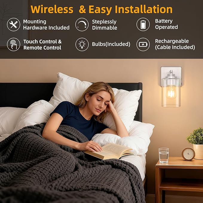 Rechargeable Wall Sconces, Dimmable Battery Operated LED Wall Lights Set of Two with Remote, E26 Base, Clear Glass Shade, Auto Timer, Modern Wireless Brushed Nickel Wall Lamps for Bedroom Living Room