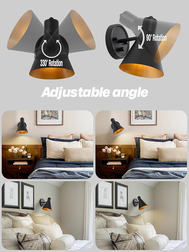 Wall Sconces Set of Two,Black Wall Sconce with Dimmable Switch Modern Bathroom Vanity Light with Metal Lampshade Adjustable Bedside Sconce Light for Bedroom Living Room Hallway Hardwired