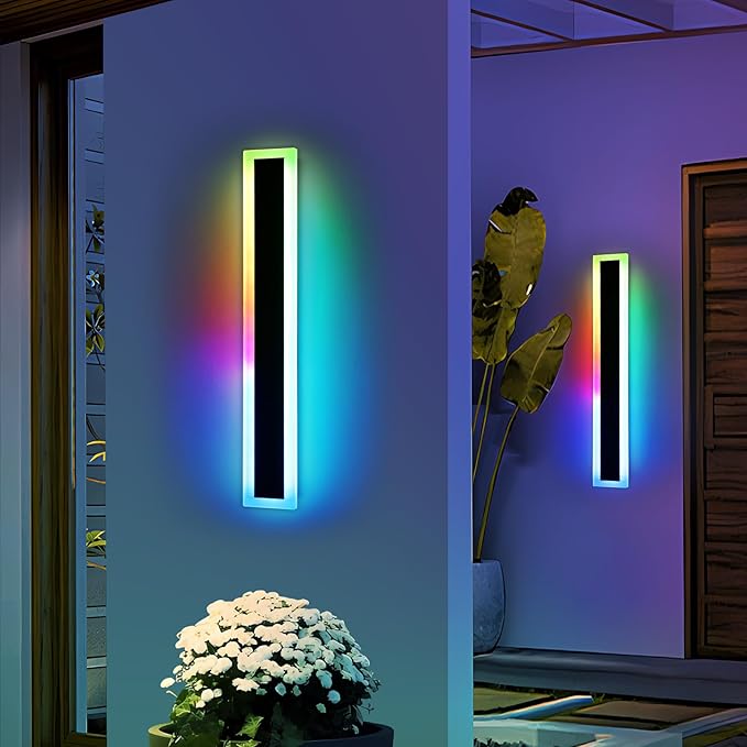 Widened 2 Pack Modern Outdoor Wall Sconces, 31.4inch RGB Dimmable LED Lights, IP65 Waterproof, 10 Colors, 5 Modes, Black Linear Exterior Lighting for Patio, Yard, Garage with Remote Control
