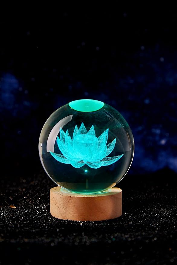 Large Lotus Crystal Ball Night Light with Woodern Base, 3D Lotus Crystal Lamp 16 Color Changing with Remote Control, Laser Engraved Glass Flower Ball Lamp, Room Decor (Love)
