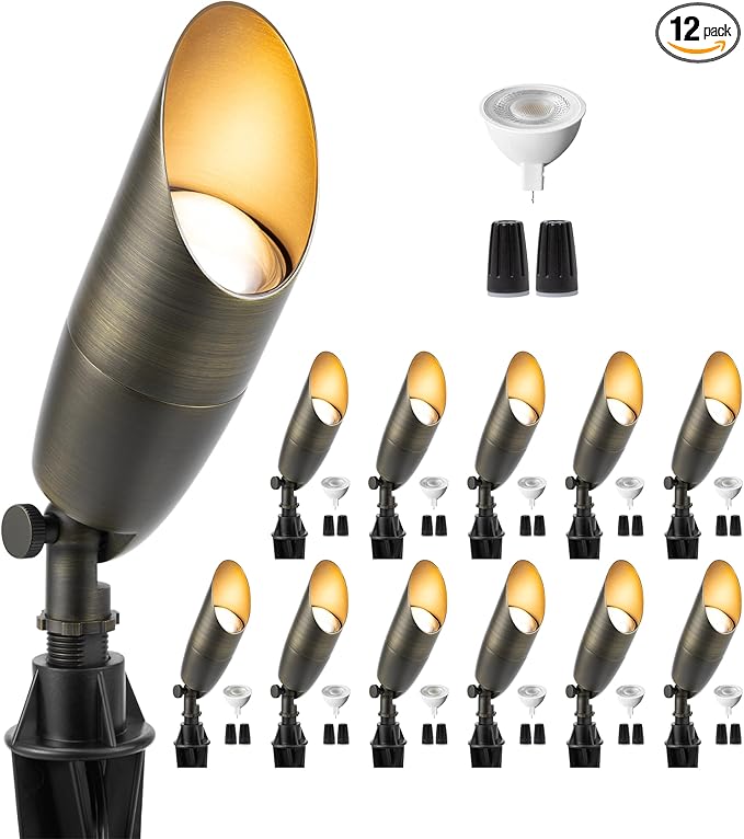 Gardenreet Outdoor Cast Brass Spot Flood Light - 12V LED Accent Uplighting Waterproof, Low Voltage Landscape Lights Metal, Bronze for Fence Fountain with Bright White MR16 Replaceable Bulbs (12 Pack)
