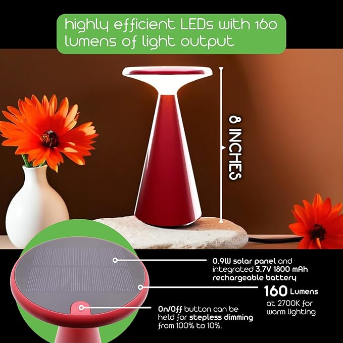 Portable Solar Powered Mushroom LED Table Lamp - Indoor/Outdoor Use - Stepless Dimming - Up to 45 Hour Rechargeable Battery - 1.6W, 160 lumens, 2700K - IP44 Weather Resistant - Red